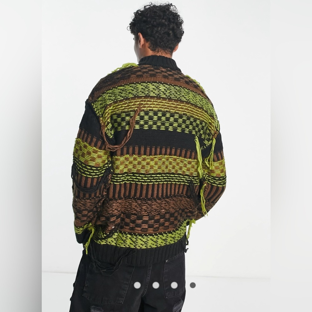 Men's Green and Brown Patterned Half-Zip Sweater - Picture 3 of 9